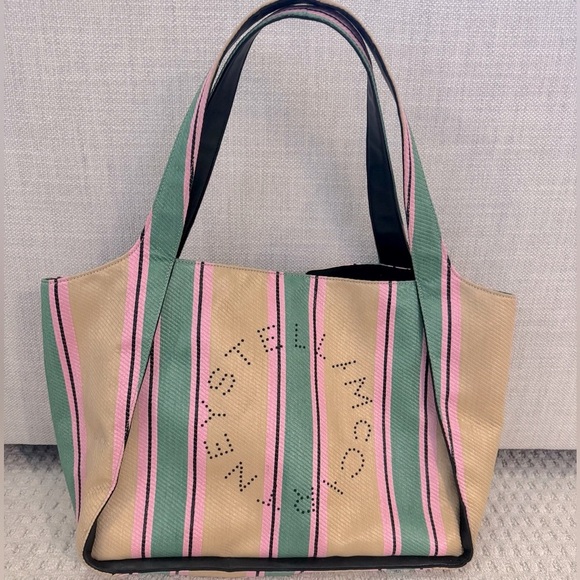 Stella McCartney Large Logo Striped Tote Bag Womens TanGreen Pink Black interior - Picture 2 of 15